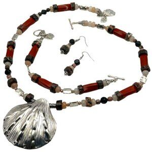 Handmade Jewelry Set ~ Metal Shell Pendant, Twisted Red Jasper, Peach Aventurine